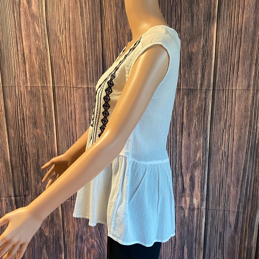 Zara Basic size Small white peasant top with blac… - image 7